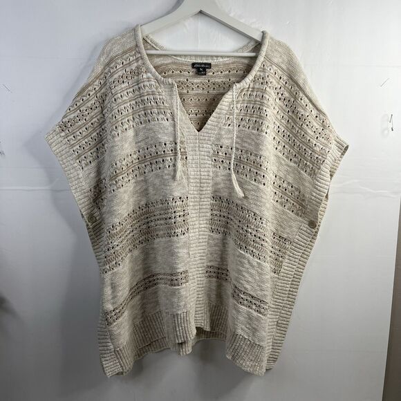 Eddie Bauer Sz M / L Poncho Sweater Beige Open Knit V-neck Short Sleeve Women’s - Picture 2 of 10